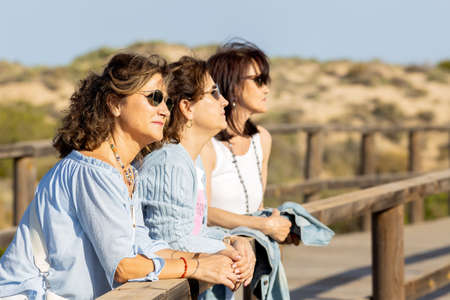 Three women laughing in a natural parkの写真素材