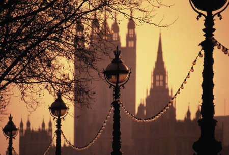 Lamps Embankment Houses of Parliament River thames London Englandの写真素材