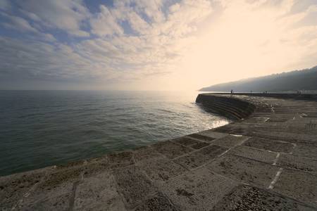 lyme regis dorset england the cobb harbour wallの写真素材