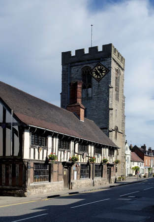Medieval Tudor guildhall and church of St John the Baptist High Street Henley in Arden Warwickshire Midlands Englandの写真素材