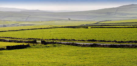 peak district landscape with fields and dry stone wallsの写真素材
