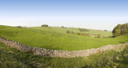 peak district landscape with fields and dry stone wallsの写真素材