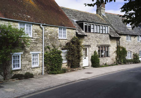 views of corfe castle vllage from the purbeck way long distance footpath - the isle of purbeck, dorset, englandの写真素材