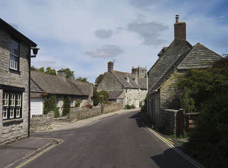 views of corfe castle vllage from the purbeck way long distance footpath - the isle of purbeck, dorset, englandの写真素材