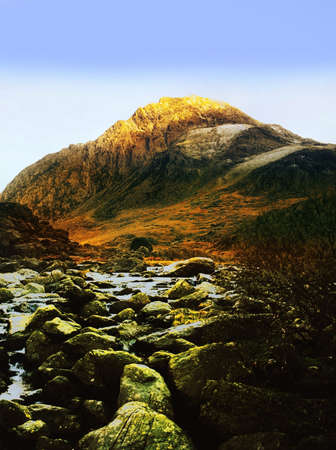 tryfan mountain from waterfall, river ogwen, ogwen falls, nant ffrancon pass, snowdonia national park, wales , uk, gbの写真素材
