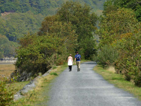 Mawddach cycle and hiking trail between barmouth and Dolgellau along the estuary gwynedd North Wales UKの素材