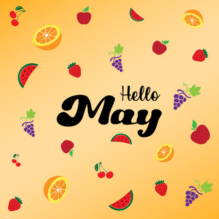 Hello May lettering with fruits and berries on yellow background. Vector illustration.のイラスト素材