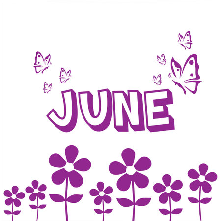 Butterflies, flowers and the word June on a white backgroundのイラスト素材