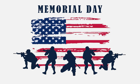 Memorial Day background with soldier silhouettes and USA flag vector illustrationのイラスト素材