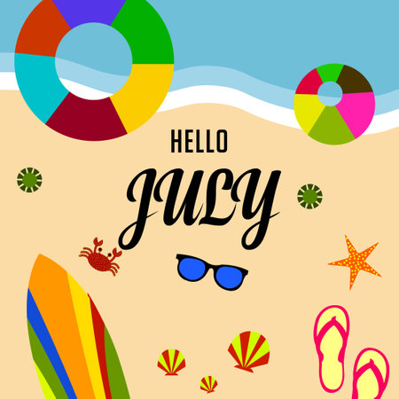 Hello July lettering with beach accessories. Vector illustration for your designのイラスト素材