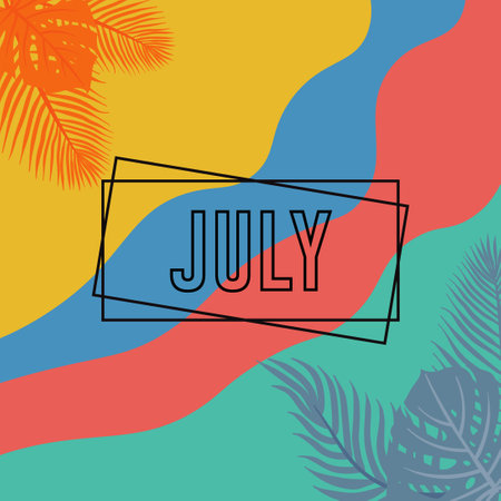 JULY lettering with tropical leaves. Vector illustration for your designのイラスト素材