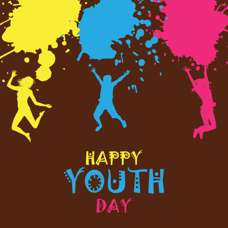 Happy youth day card with silhouettes of children jumping. Vector illustration.のイラスト素材