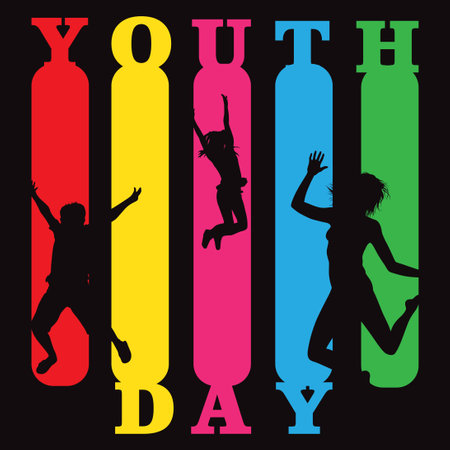 Happy Youth Day.Vector illustration of silhouettes of girls jumping in the air on a black background.のイラスト素材
