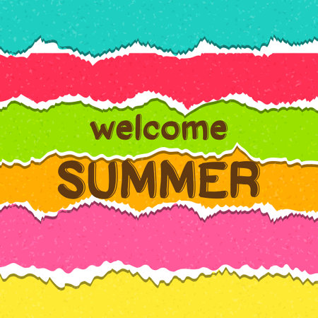 Welcome Summer typography with torn paper on colorful background. Vector illustrationのイラスト素材