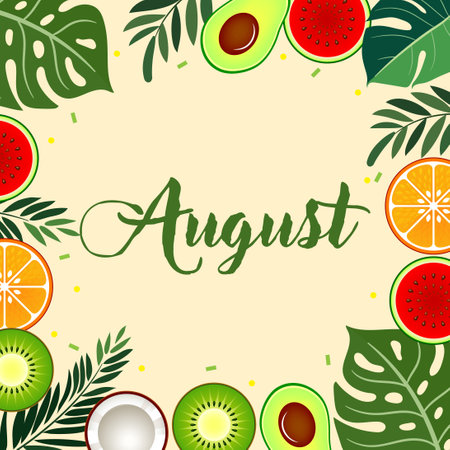 August lettering on Summer tropical background with fruits and leaves. Vector illustration for your designのイラスト素材