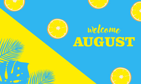welcome august with palm leaves, orange and lemon. Vector illustration.のイラスト素材