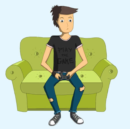 Man playing videogames at home. illustrationのイラスト素材