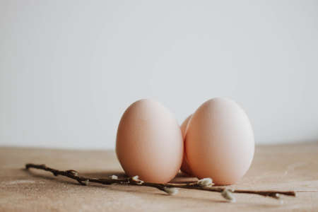 Bunch of white eggs with willow branch on wooden backgroundの写真素材