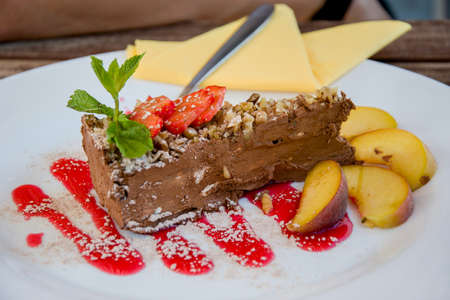 Chocolate cake with strawberries.の写真素材