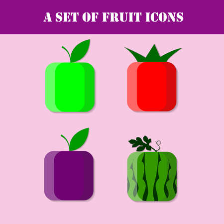 Fruit icon set. The illustration shows the four fruit apple, strawberry, plum and watermelon.のイラスト素材