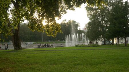 Summer grass meadow motion blur of pleasant wind with bright sunlight, sunny spring backgroundの写真素材