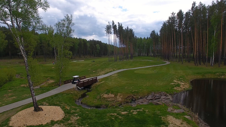 Aeriel view on Golf cart on golf course in the afternoon with copy space. Elite golf club.の写真素材
