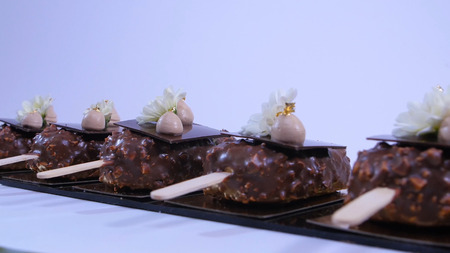 Ice cream covered with chocolate. Chocolate ice cream on a stick. Chocolate ice cream on a stick decorated with flowersの写真素材