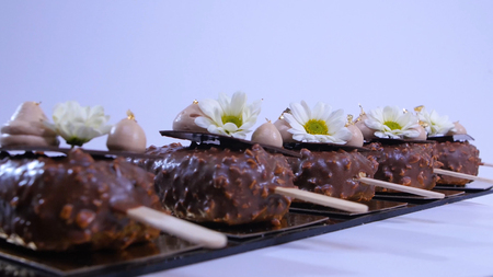 Flowers and cream on the ice cream closeup. hocolate ice cream on a stick. Chocolate ice cream on a stick decorated with flowers.の写真素材