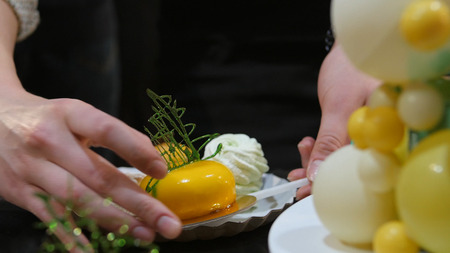 The female lays a piece of cake on a plate. Woman puts on a plate cake.の写真素材