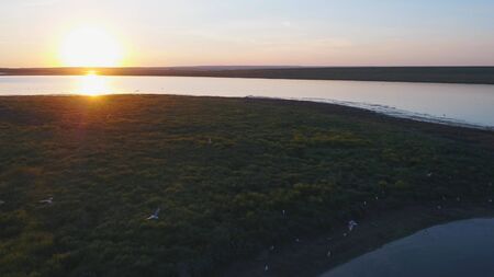 Aerial view of beautiful emerald green water lake and summer landscape sunset. Sunset on the lake.の写真素材