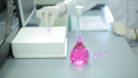Young female laboratory technician examining a conical glass Erlenmeyer flask filled with a green liquid solution while conducting chemical tests. lab worker examines a flask with reagent. young, male researcher chemistry student carrying out scientific rの写真素材