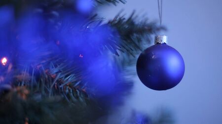 New years toys on the Christmas tree like snowflake and red balls.New Years decoration balls on a snowy branch. White snowflake and Blue Christmas ball. Selective focusの写真素材
