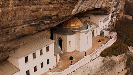 Holy Annunciation Monastery Mangupsky. The temple inside the cave. Medieval fortress Mangup Kale....