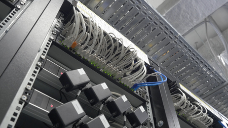 Storage servers are located in the server room of the data center. Back of the server installed in...