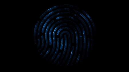 Amination of clorful fingerprint. Animation of appearance and disappearance of fingerprint with sparks on black background. Glowing Colorful Tracing Fingerprint Loop with Matte 4Kの写真素材