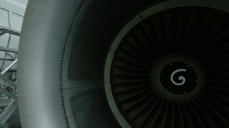 Aircraft engine in the hangar. Airplane turbine detail, plane in hangar. Engine of the airplane...