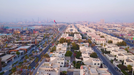 The green oasis. The view from the top of the beach and Arabian Gulf. Top view of beautiful beach coast in Dubaiの写真素材