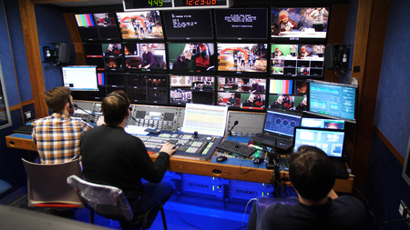 Yekaterinburg, Russia - November 2017: rear view on the editing room during the live broadcast. Live show in the editing roomのeditorial素材