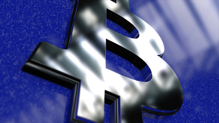 Bitcoin symbol. Digital currency. Bitcoin sign on a blue background. The blockchain technology. Abstraction. CGIの写真素材