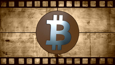 Animation of old negative film with Digital cryptocurrency Bitcoin sign as virtual money. Animation...