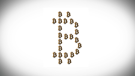 Animation of abstract data with bitcoin symbol on white background. Animation of seamless loop. Animation Golden symbol of bitcoin.の写真素材