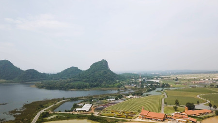 Landscape of mountains and mist, located at Thailand. Aerial view of lanscape during sunrise with beautyful place for travel in Thailand.の写真素材