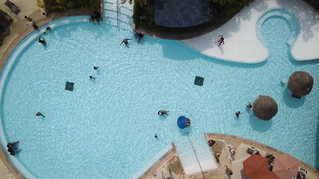 People lying on the sun loungers near the pool, top view. People swimming in the pool top view angle...