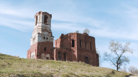 Lonely Old Abandoned Church in the Autumn Landscape. Video. Abandoned house in countryside. Abandoned Buildingの写真素材