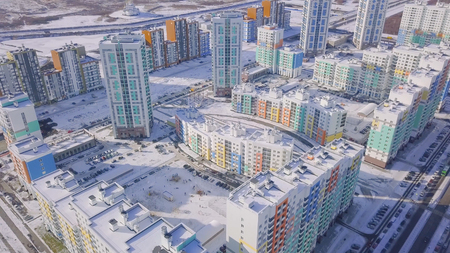 Aerial view apartment buildings complex and residential houses neighborhood. Clip. Top view of the modern luxery residential complex.の写真素材