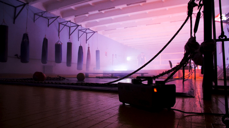 Interior of a boxing hall. Empty modern fight club with punching bags of different shapes for practicing martial arts.の写真素材
