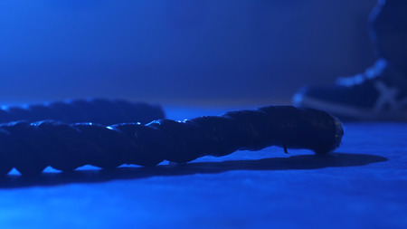 Battle ropes session. Attractive young fit and sportsman working out in functional training gym doing crossfit exercise with battle ropes.の写真素材