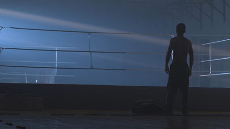 Back view of young boxer on grunge background. Fighter man silhouette dark. Mma fighter silhouette on dark ring. Boxer stands on stage before fight. Boxer silhouette in smoke at dark studio. Rear view on manの写真素材