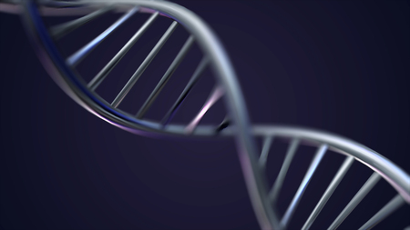 Rotating DNA, Genetic engineering scientific concept, blue tint.. 3D rendered loopable animation of rotating DNA glowing molecule on blue background. Genetics concept. Animation rotation of model DNA spiral from glassの写真素材