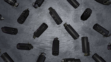 Animation of rotation, levitation of standard timed fuze hand grenades. Tear-gas hand grenades rotation on grey background. All explosives, weapon armyの写真素材